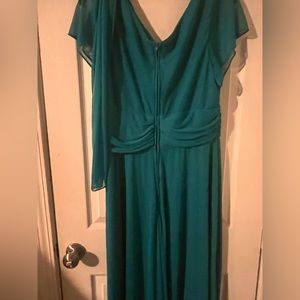 Teal green formal dress with matching scarf.